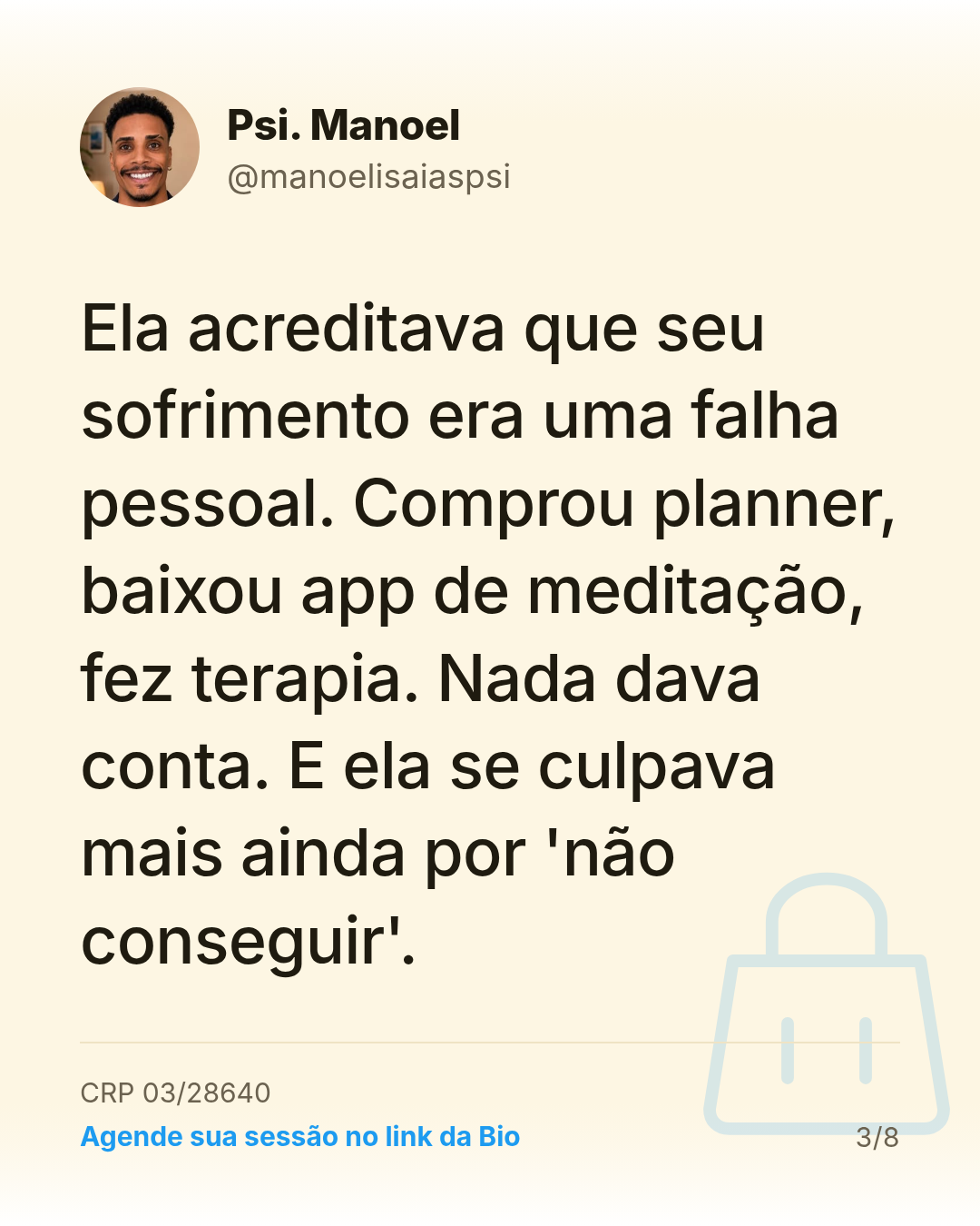 Ela acreditava que seu sofrimento era uma falha pessoal. Comprou planner, baixou app de meditação, fez terapia. Nada dava conta. E ela se culpava mais ainda por 'não conseguir'.